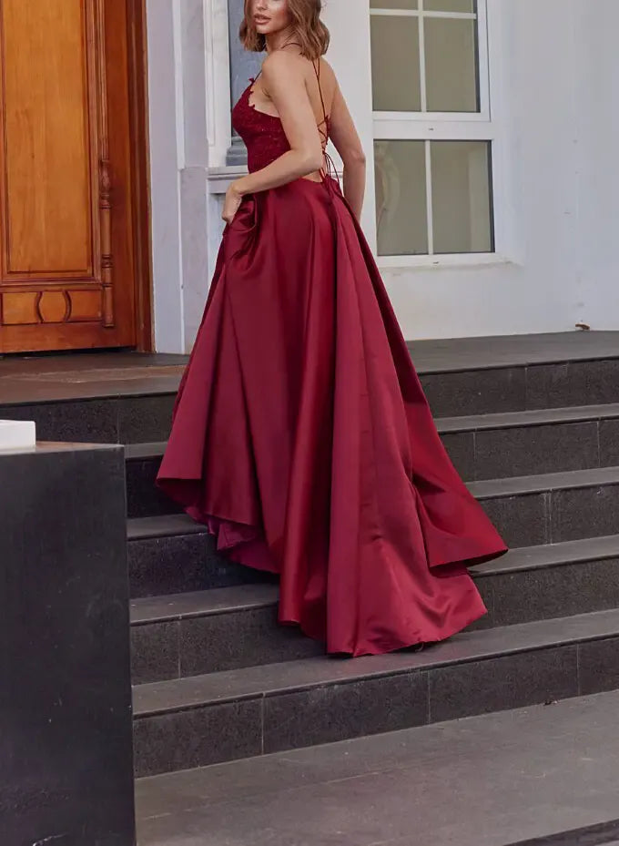 Burgundy Regal A-Line V Neck Spaghetti-Strap Applique Floor-Length Prom Dress