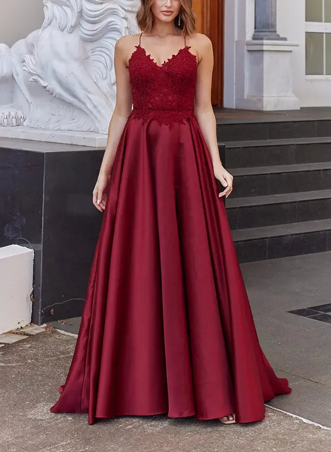 Burgundy Regal A-Line V Neck Spaghetti-Strap Applique Floor-Length Prom Dress