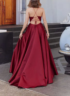 Burgundy Regal A-Line V Neck Spaghetti-Strap Applique Floor-Length Prom Dress