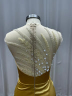 Regal Mermaid Round Neck Short-Sleeve Beaded Gold Maxi Evening Dress for Women Ready to Ship
