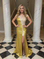 Regal Mermaid Round Neck Short-Sleeve Beaded Gold Maxi Evening Dress for Women Ready to Ship
