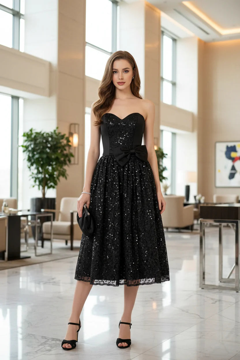 Prom Dress Black Sequin Lace A Line Tea Length With Bow For Women Glamorous Vintage Inspired