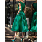 Retro A-line V-neck Sleeveless Floral-embellished Emerald Green Midi Prom Dress With Pocket Ready to Ship