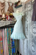 Light Blue Retro Sheath Round Neck Light Short Homecoming Dress With Ruffle Hem