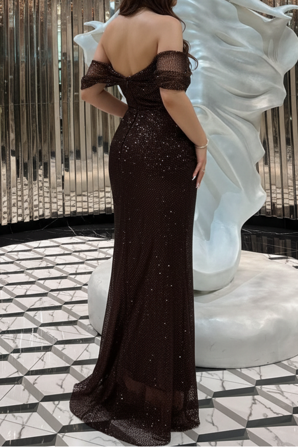 Rhinestone Fishnet Mermaid Off-The-Shoulder Low-Back Floor-Length Prom Dress