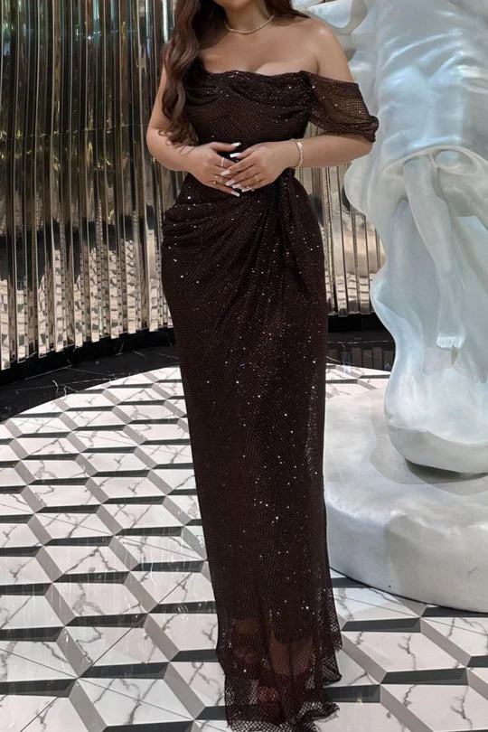 Rhinestone Fishnet Mermaid Off-The-Shoulder Low-Back Floor-Length Prom Dress
