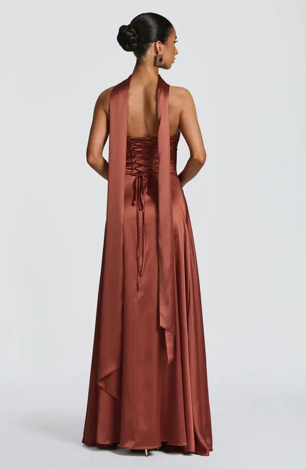 Rich A Line Halter Neck Sleeveless Lace Up Back Floor Length For Ladies Evening Dress