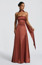 Rich A Line Halter Neck Sleeveless Lace Up Back Floor Length For Ladies Evening Dress
