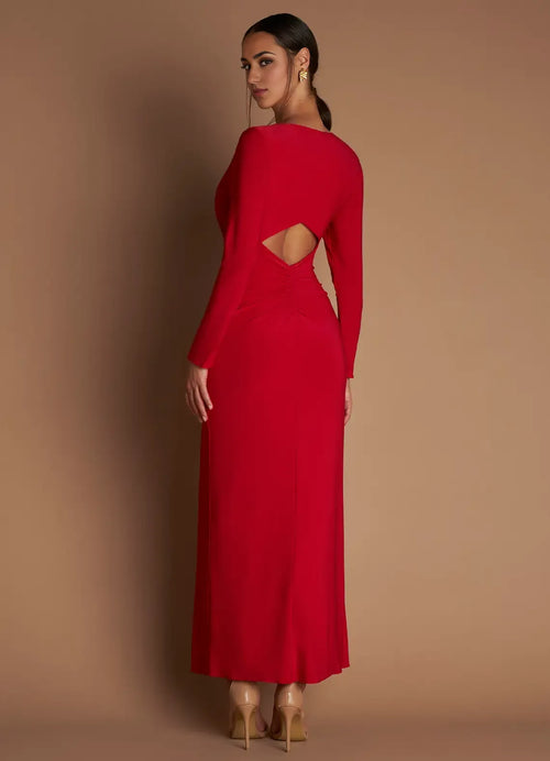 Robe de bal longue pour femme, en satin riche, col en V profond, manches longues, dos découpé.