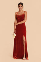 Rich Burnt Orange Velvet Square Neck Maxi Bridesmaid Dress with Adjustable Straps & High Side Slit