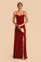 Rich Burnt Orange Velvet Square Neck Maxi Bridesmaid Dress with Adjustable Straps & High Side Slit