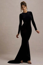 Riveting Mermaid Crew Neck Long Sleeve Open Back Train Floor Length Evening Dress