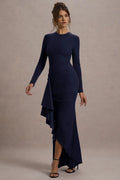 Riveting Mermaid Crew Neck Long Sleeve Ruffled Side Back Zipper Floor Length Evening Dress