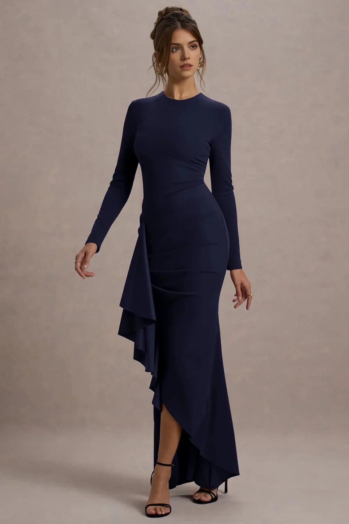 Riveting Mermaid Crew Neck Long Sleeve Ruffled Side Back Zipper Floor Length Evening Dress