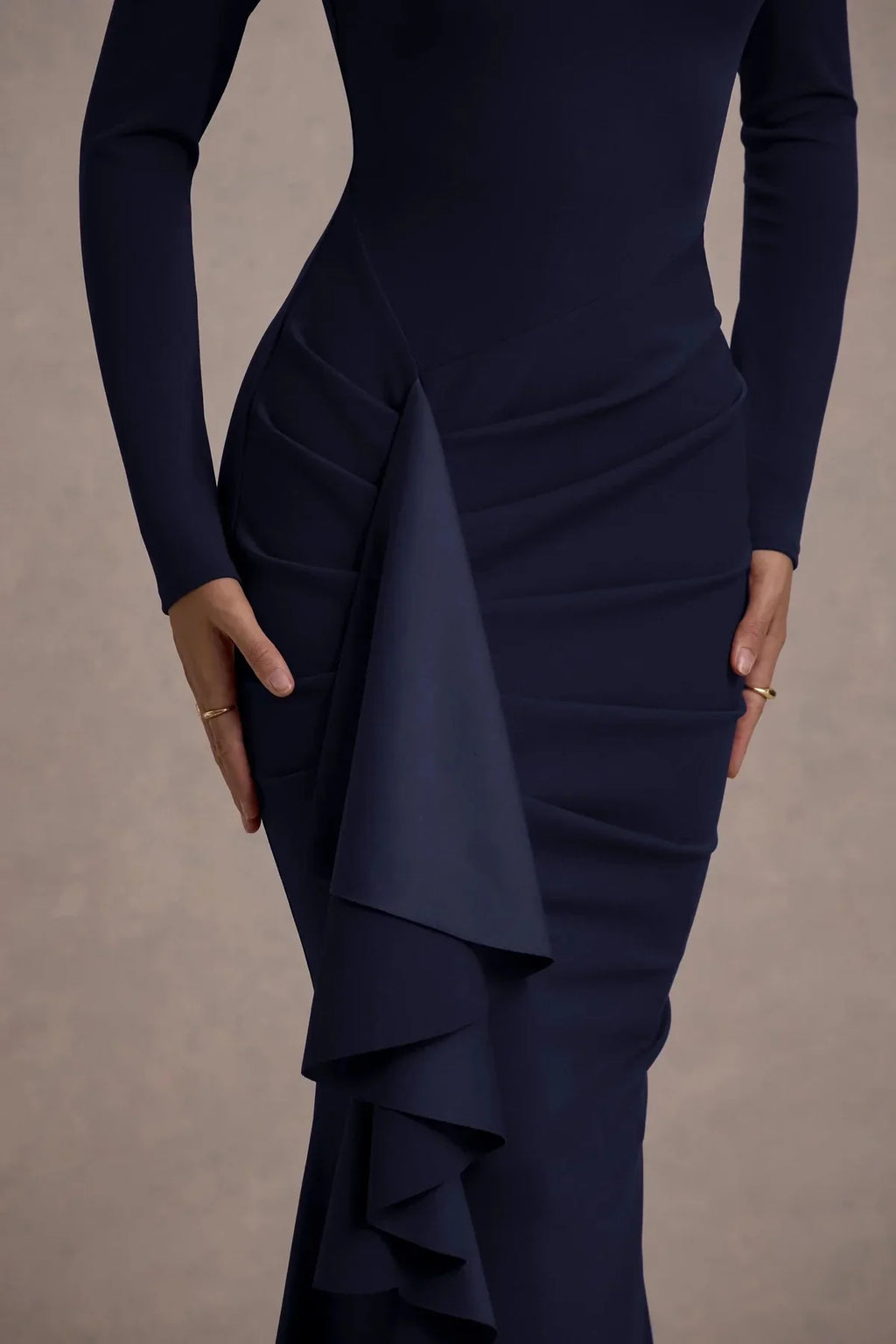 Riveting Mermaid Crew Neck Long Sleeve Ruffled Side Back Zipper Floor Length Evening Dress