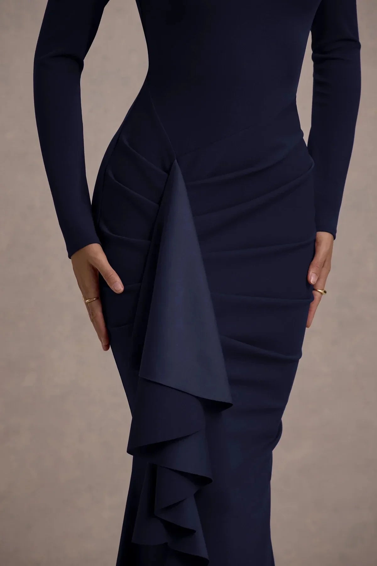Riveting Mermaid Crew Neck Long Sleeve Ruffled Side Back Zipper Floor Length Evening Dress