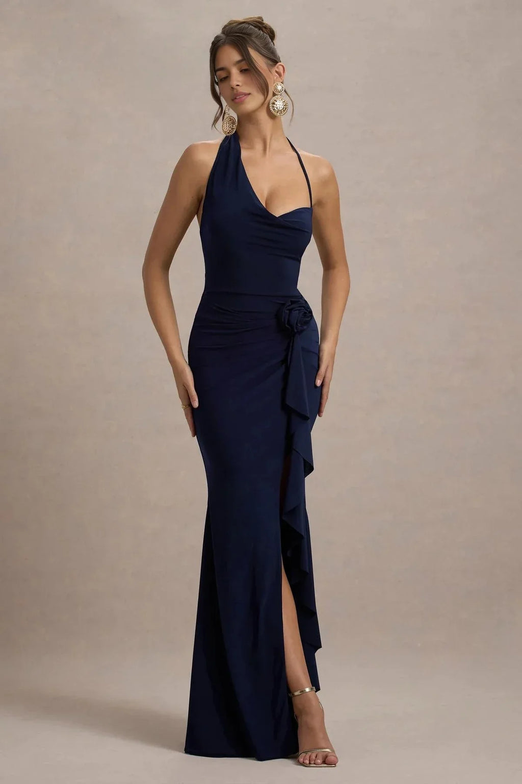 Riveting Mermaid Halter Neck Sleeveless Floral Embellished High Slit Floor Length Evening Dress