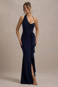 Riveting Mermaid Halter Neck Sleeveless Floral Embellished High Slit Floor Length Evening Dress