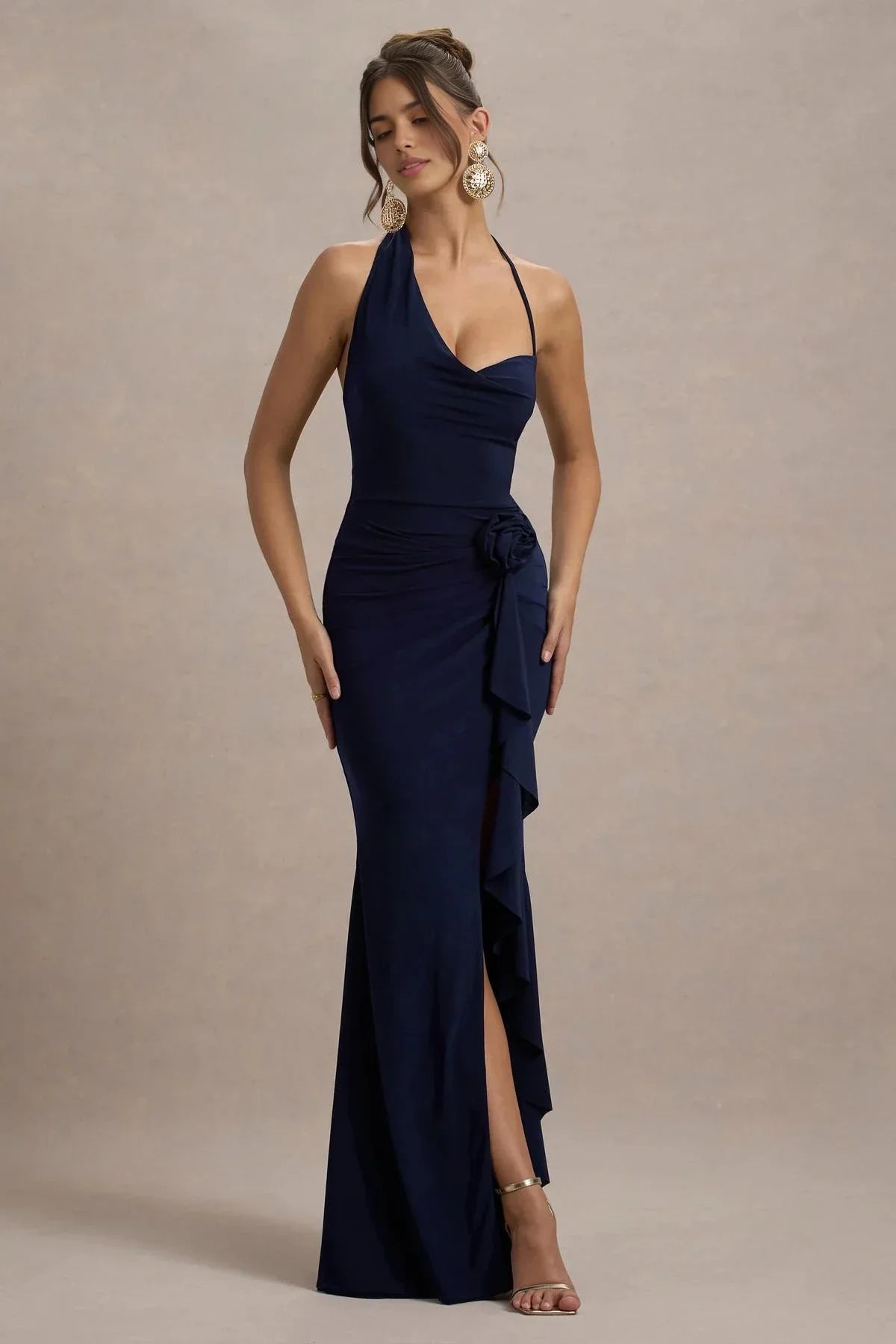 Riveting Mermaid Halter Neck Sleeveless Floral Embellished High Slit Floor Length Evening Dress