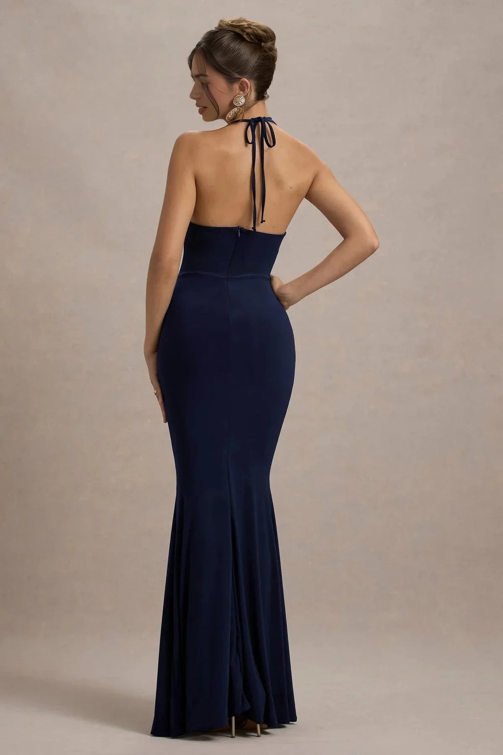 Riveting Mermaid Halter Neck Sleeveless Floral Embellished High Slit Floor Length Evening Dress