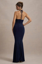 Riveting Mermaid Halter Neck Sleeveless Floral Embellished High Slit Floor Length Evening Dress