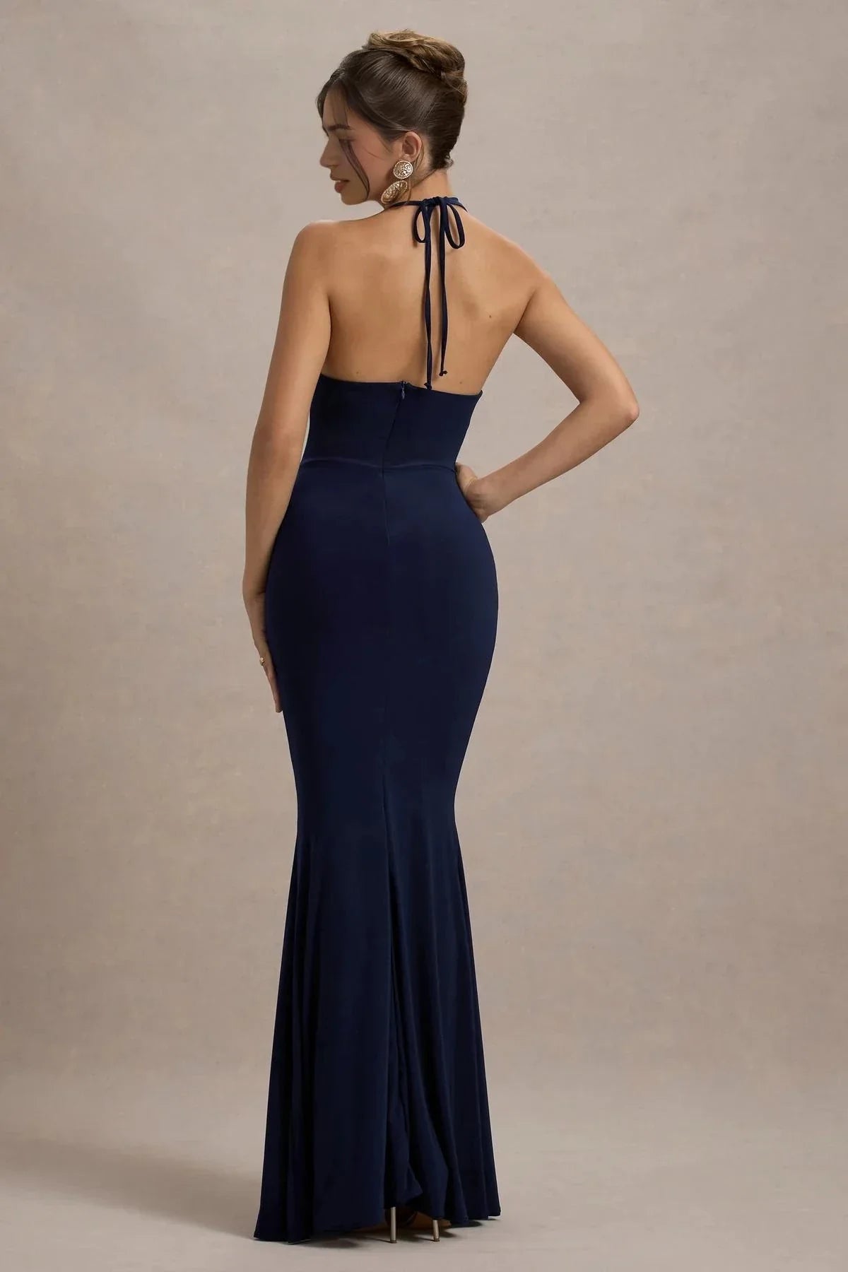 Riveting Mermaid Halter Neck Sleeveless Floral Embellished High Slit Floor Length Evening Dress