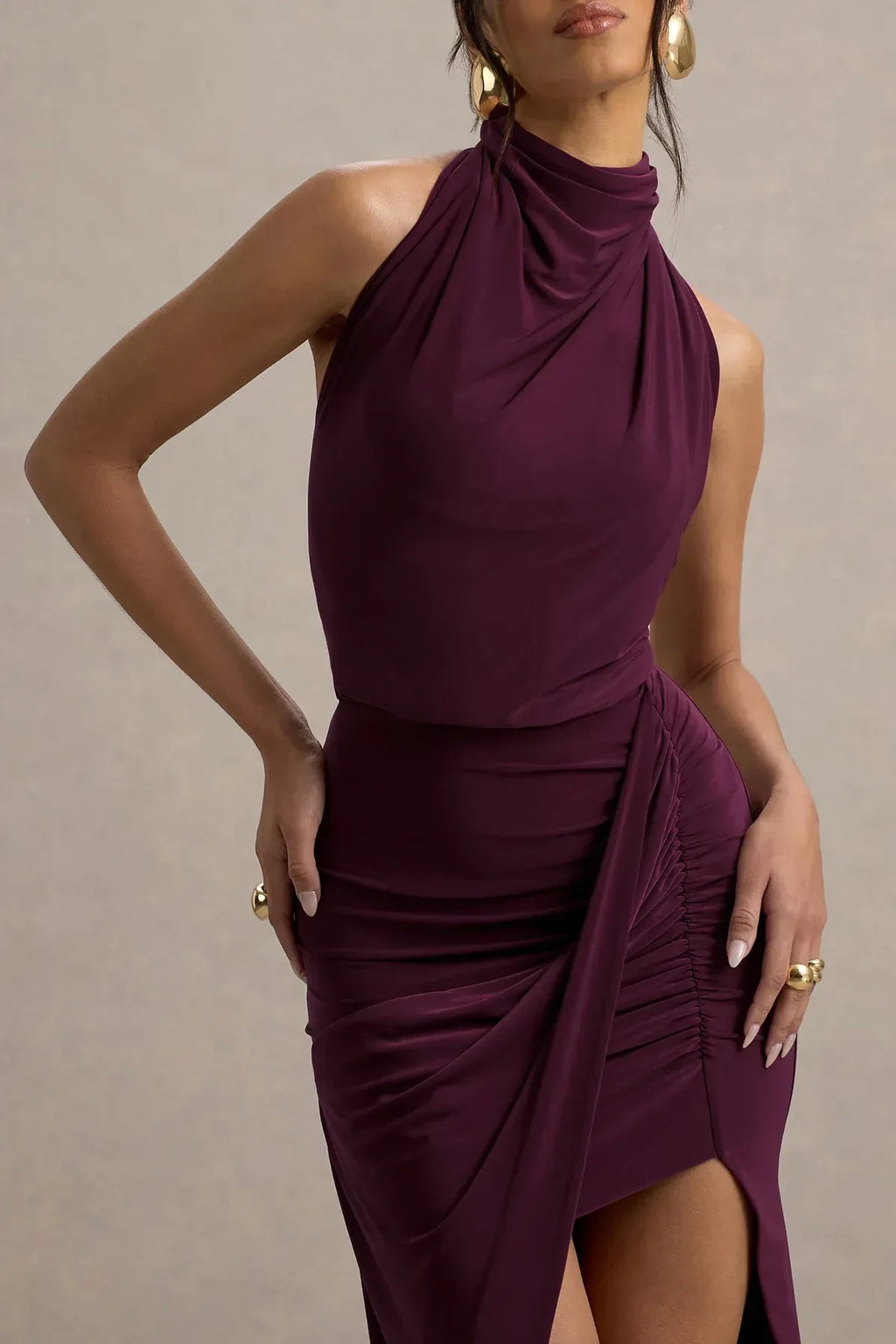 Riveting Mermaid High Neck Sleeveless Ruched Side High Slit Floor Length Evening Dress