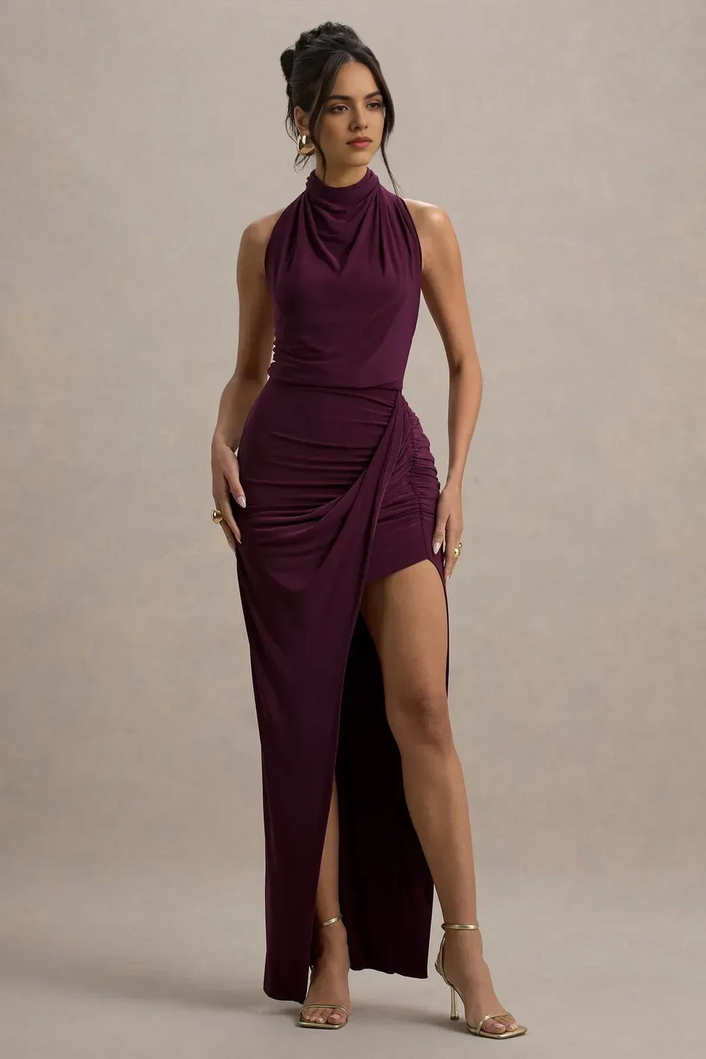 Riveting Mermaid High Neck Sleeveless Ruched Side High Slit Floor Length Evening Dress