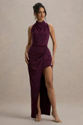 Riveting Mermaid High Neck Sleeveless Ruched Side High Slit Floor Length Evening Dress