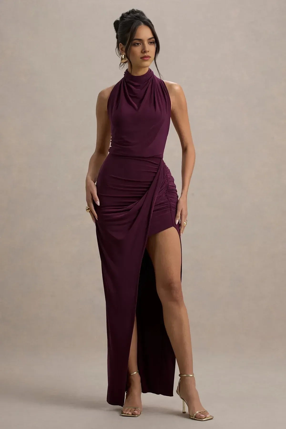 Riveting Mermaid High Neck Sleeveless Ruched Side High Slit Floor Length Evening Dress