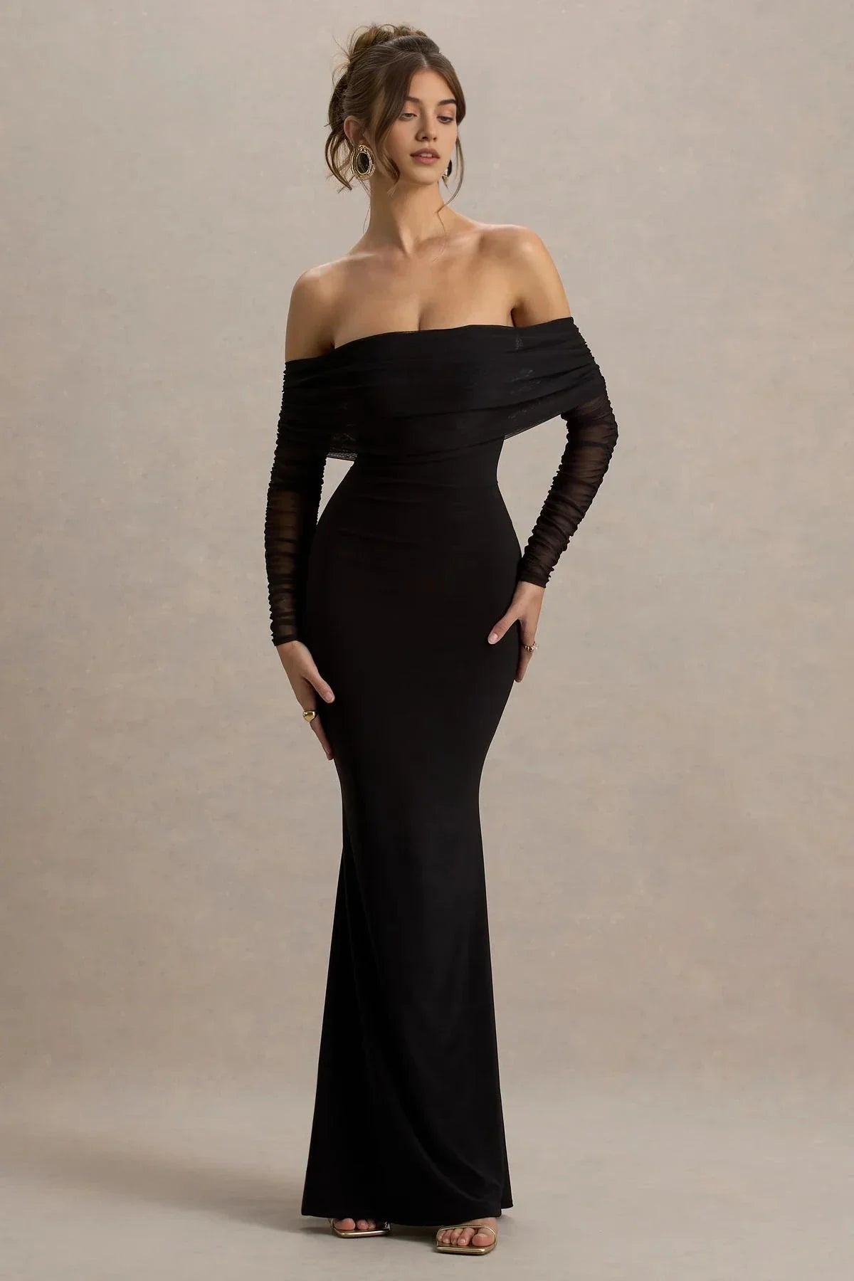 Riveting Mermaid Off Shoulder Sheer Long Sleeve Open Back Floor Length Evening Dress