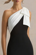 Riveting Mermaid One Shoulder Sleeveless Two Tone Bow Accent High Slit Floor Length Evening Dress