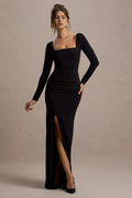 Riveting Mermaid Square Neck Long Sleeve Ruched Back High Slit Floor Length Evening Dress