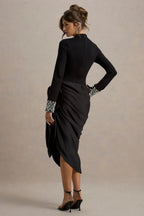 Riveting Sheath High Neck Long Sleeve Pearl Embellished Asymmetric Floor Length Evening Dress