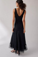 Romantic A-Line Boat Neck Sleeveless V Back Tulle Trim Floor Length For Sale Prom Dress