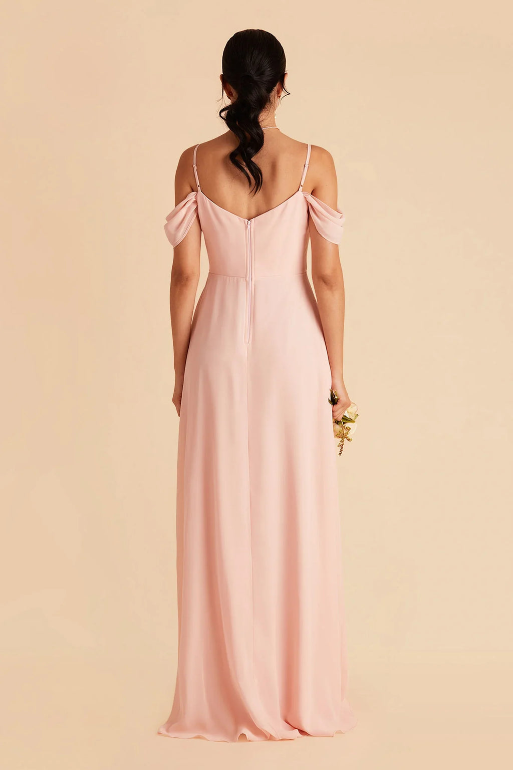 Romantic A-Line Chiffon Cold Shoulder Flutter Sleeve Zipper Back Floor Length Bridesmaid Dress
