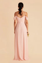 Romantic A-Line Chiffon Cold Shoulder Flutter Sleeve Zipper Back Floor Length Bridesmaid Dress