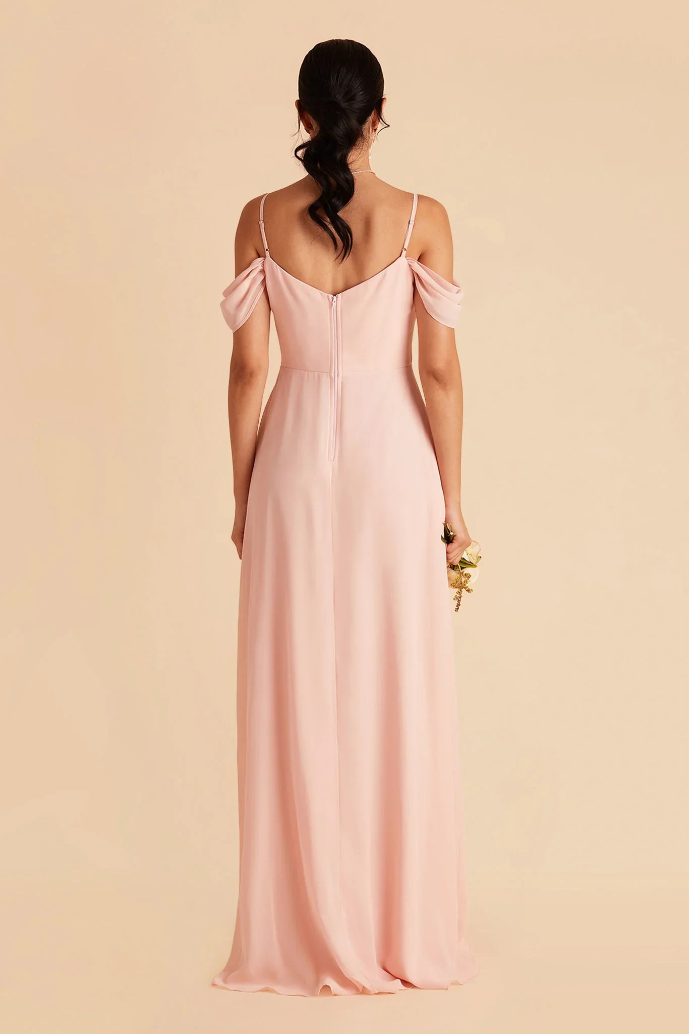 Romantic A-Line Chiffon Cold Shoulder Flutter Sleeve Zipper Back Floor Length Bridesmaid Dress