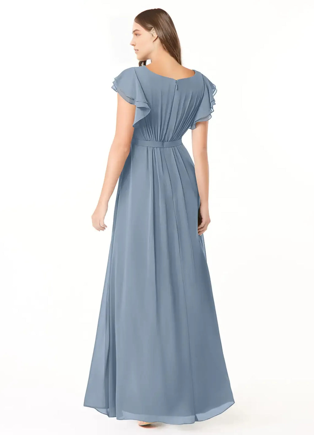 Romantic A-Line Chiffon Crew Neck Ruffle Sleeve Zipper Back Floor Length Bridesmaid Dress