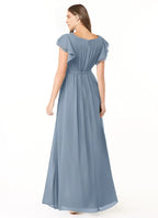 Romantic A-Line Chiffon Crew Neck Ruffle Sleeve Zipper Back Floor Length Bridesmaid Dress