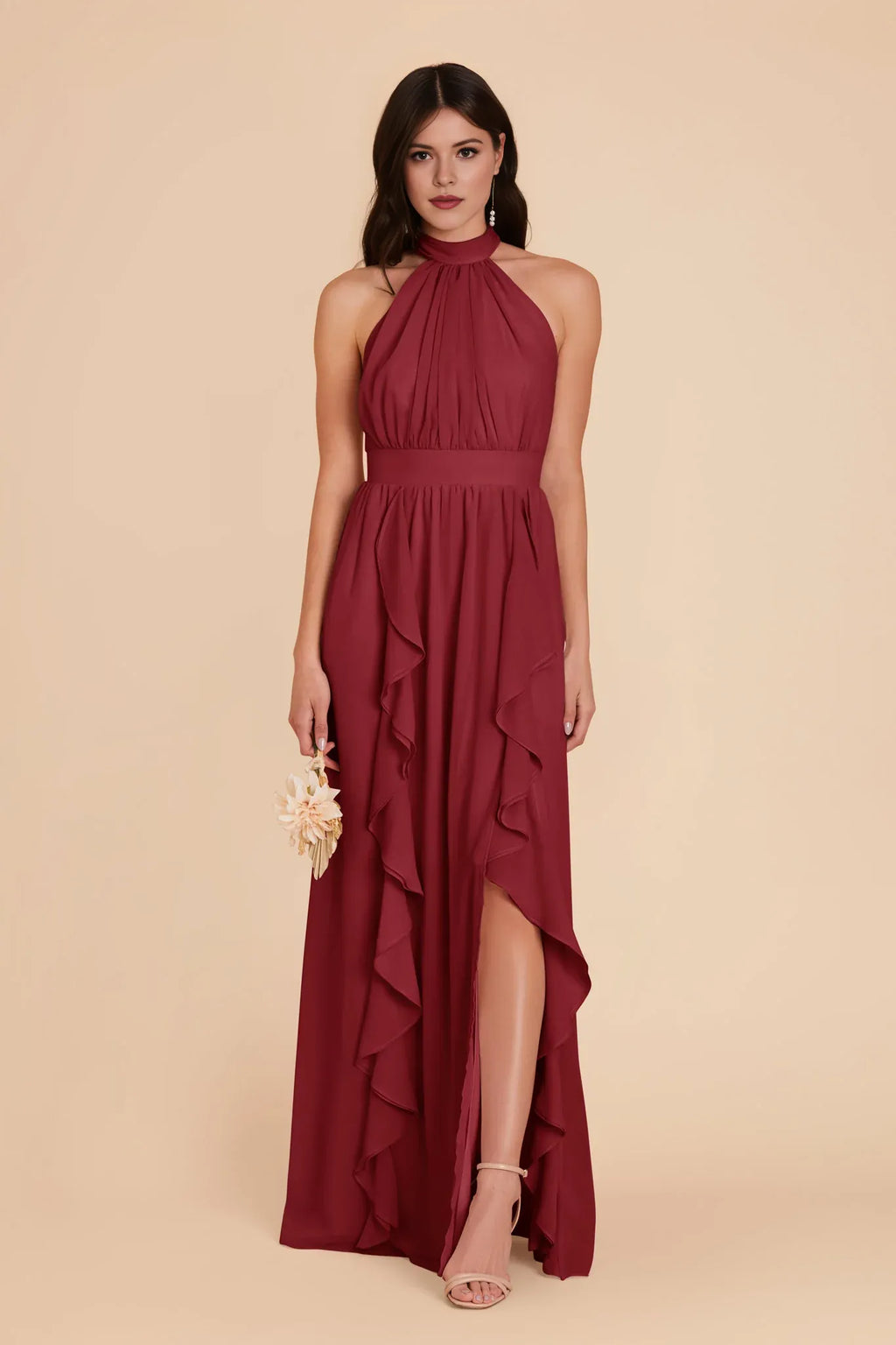 Romantic A-Line Chiffon Halter Neck Sleeveless Bow Back Floor Length Bridesmaid Dress