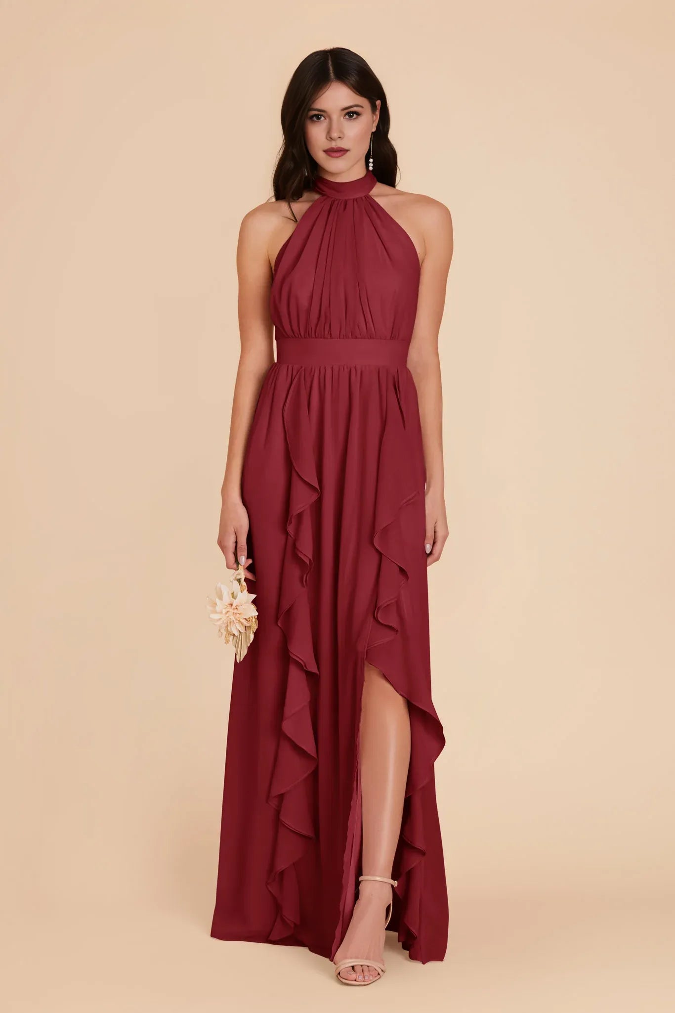 Romantic A-Line Chiffon Halter Neck Sleeveless Bow Back Floor Length Bridesmaid Dress