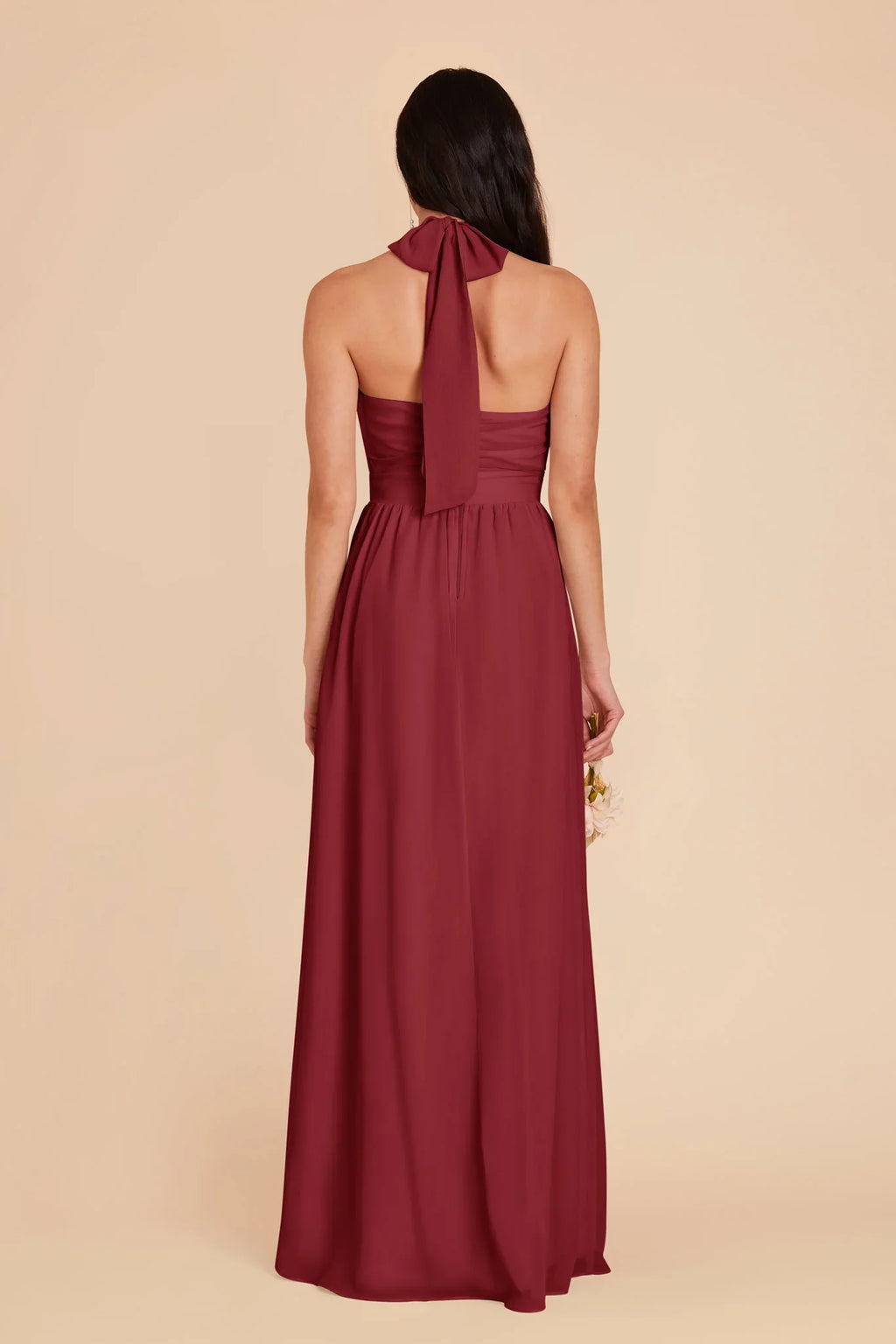 Romantic A-Line Chiffon Halter Neck Sleeveless Bow Back Floor Length Bridesmaid Dress