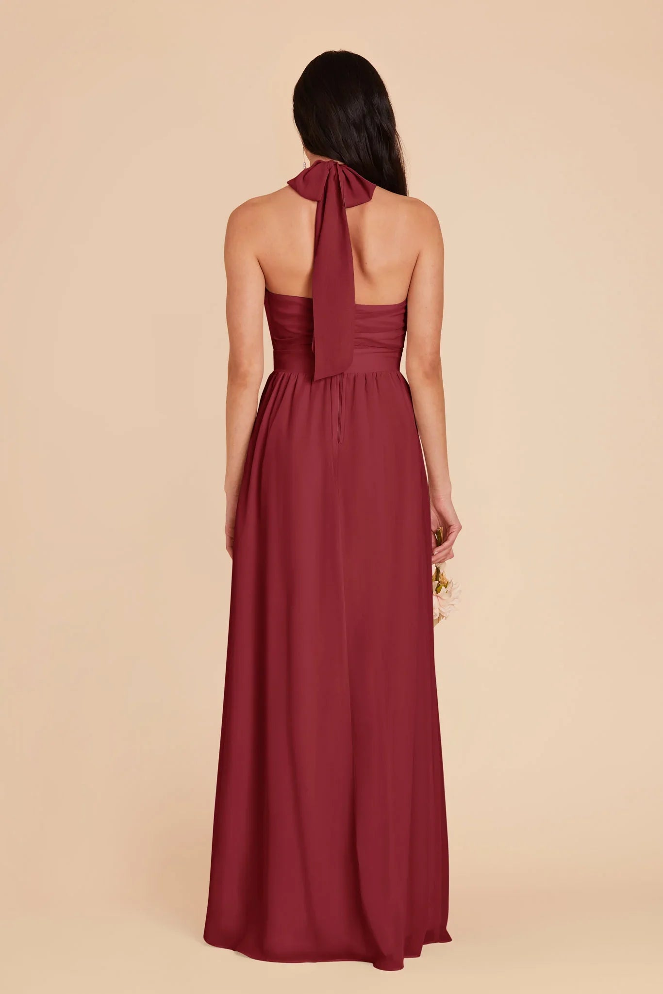 Romantic A-Line Chiffon Halter Neck Sleeveless Bow Back Floor Length Bridesmaid Dress