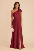 Romantic A-Line Chiffon One-Shoulder Bow Accent Open Back Floor Length Bridesmaid Dress