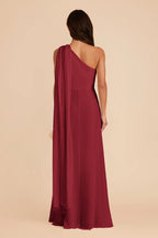 Romantic A-Line Chiffon One-Shoulder Bow Accent Open Back Floor Length Bridesmaid Dress