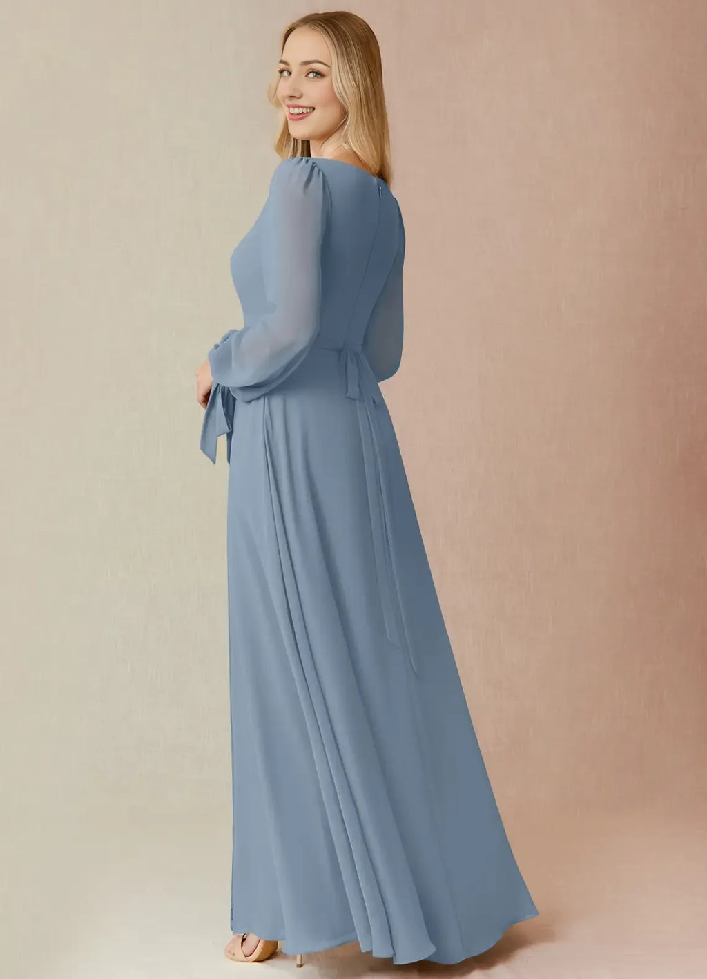 Romantic A-Line Chiffon Square Neck Puff Sleeve Bow Back Floor Length Bridesmaid Dress