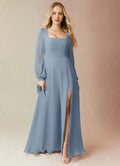 Romantic A-Line Chiffon Square Neck Puff Sleeve Bow Back Floor Length Bridesmaid Dress
