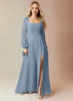 Romantic A-Line Chiffon Square Neck Puff Sleeve Bow Back Floor Length Bridesmaid Dress