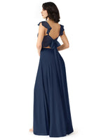 Romantic A-Line Chiffon Sweetheart Ruffle Sleeve Bow Back Floor Length Bridesmaid Dress